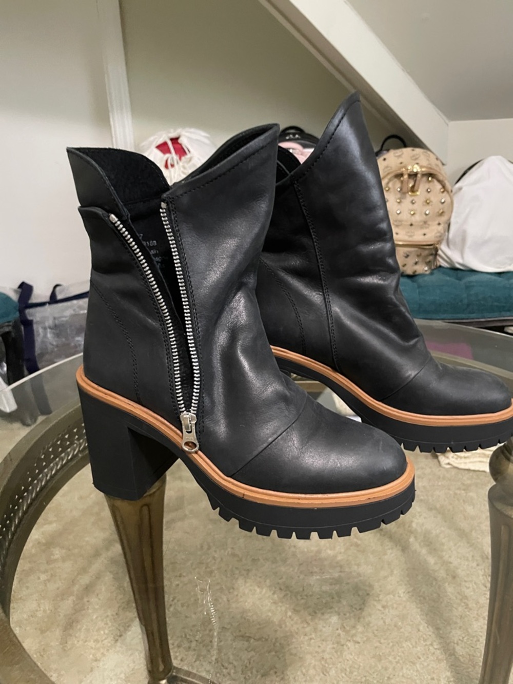 Free People Black Platform Leather Ankle Boots with Side Zip